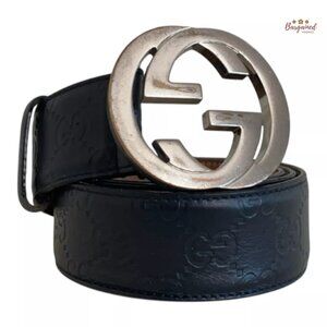 Authentic Gucci Black Guccissima Leather Silver Interlocking G Buckle Belt 90/36